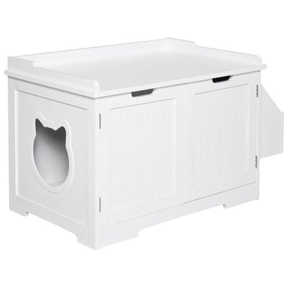 White wooden cat litter box nightstand with cat-shaped door and magnetic front doors for easy cleaning and odor control