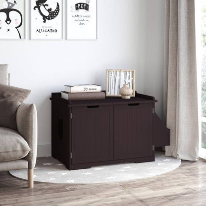 Wooden cat litter box nightstand with magnetic doors and storage rack in modern living room