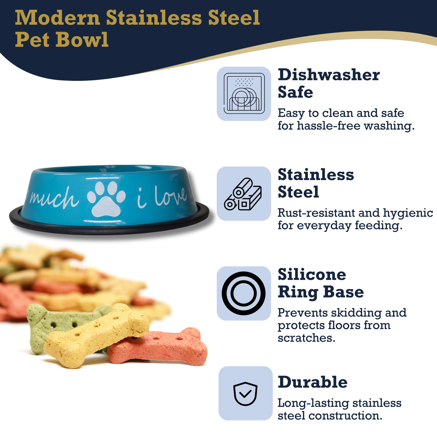 I Love You So Much powder-coated stainless steel dog bowl with non-slip silicone base and dishwasher safe design