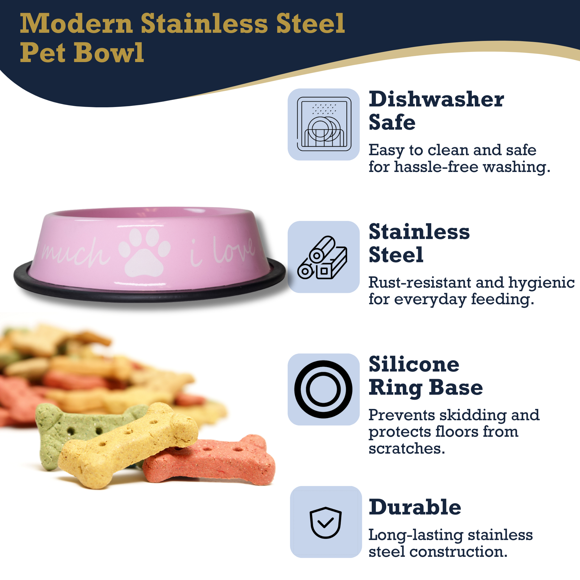 I Love You So Much powder-coated pink stainless steel dog bowl with non-slip silicone base and dishwasher safe design