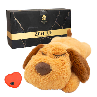Zen Pup anxiety reducing heartbeat plush toy with soft cuddly dog design and portable calming heart device