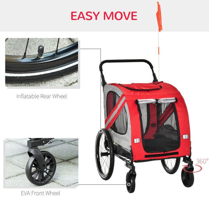 Red and gray 2-in-1 pet bike trailer stroller with mesh windows, inflatable rear wheels, and 360-degree swivel front wheels