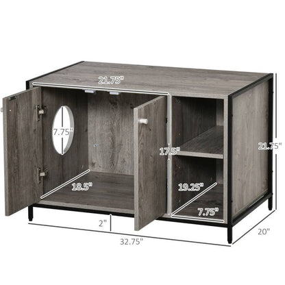 Hidden cat litter box enclosure cabinet with adjustable shelves and side entry hole in wood and steel design