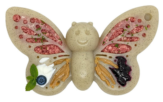 Butterfly shaped nylon dog chew toy with textured wings for spreading treats, designed for aggressive chewers and enrichment licking.