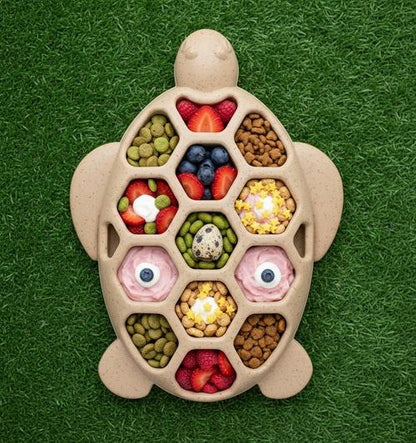 Turtle-shaped nylon chew toy with treat compartments for dog enrichment and power chewers