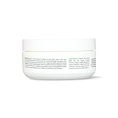 Natural Pet Acne Remedy jar with organic ingredients for reducing acne and blackheads on pets