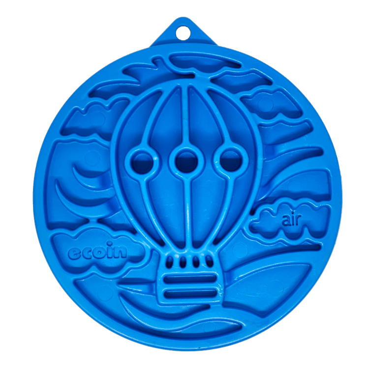 Blue Air Nylon eCoin lick mat for dogs shaped like a hot air balloon, durable enrichment toy for slow feeding and mental stimulation