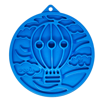 Blue Air Nylon eCoin lick mat for dogs shaped like a hot air balloon, durable enrichment toy for slow feeding and mental stimulation