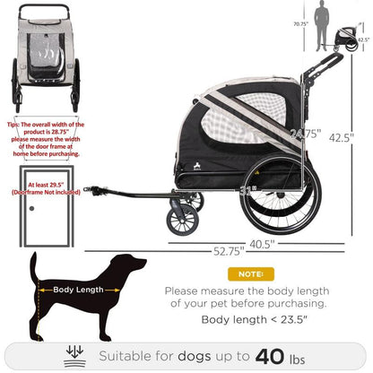 2-In-1 Pet Bike Trailer and Stroller with mesh ventilation, weather-resistant cover, safety leash, and reflectors, suitable for dogs up to 40 lbs