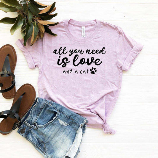 All You Need Is Love t-shirt with cat design on soft cotton fabric
