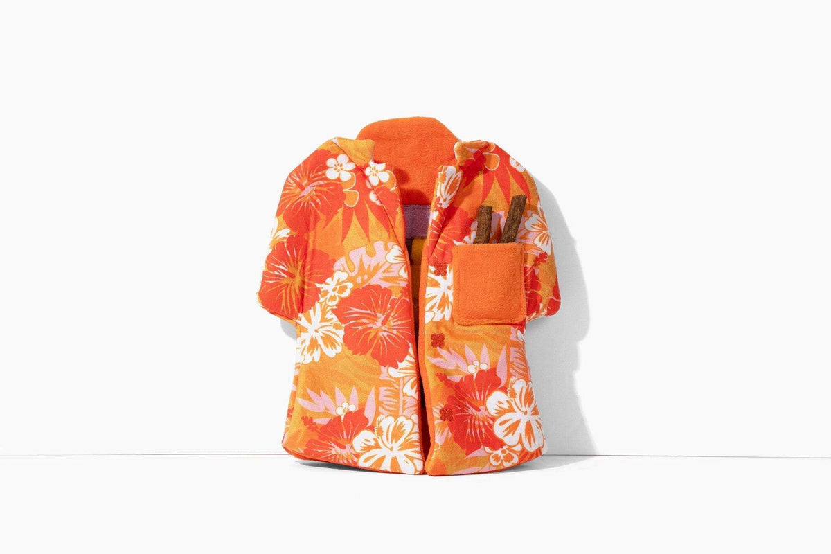 Aloha Nose Work Dog Toy in vibrant orange with white and pink Hawaiian floral pattern, plush crinkle fabric with pocket and stick details
