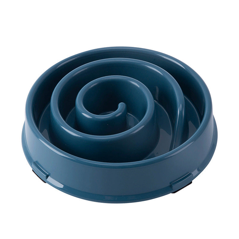 Anti-Choke Slow Feeder Bowl in dark blue plastic, featuring raised spiral ridges and a wide, anti-slip base.