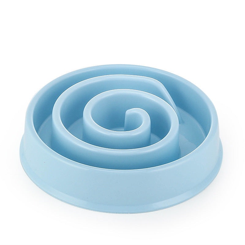 Anti-Choke Slow Feeder Bowl in light blue plastic, with a raised spiral maze ridge to slow eating and a wide base.
