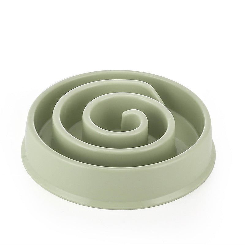 Anti-Choke Slow Feeder Bowl in pale sage-green plastic, with a raised spiral maze ridge to slow eating.