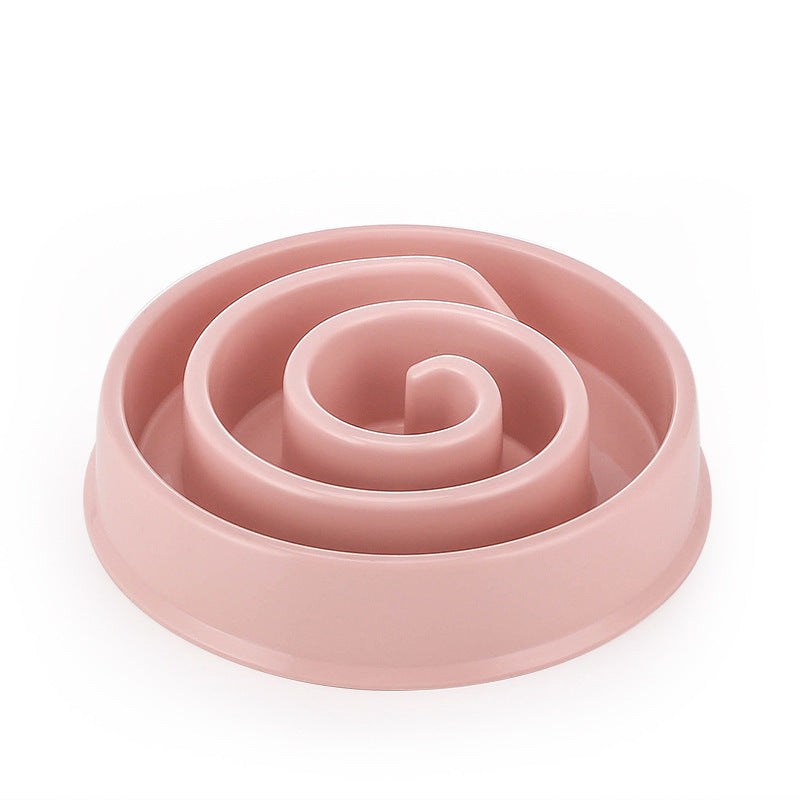 Anti-Choke Slow Feeder Bowl in dusty pink plastic, with raised spiral ridges and a wide, rounded rim.