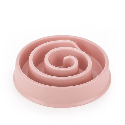 Anti-Choke Slow Feeder Bowl in dusty pink plastic, with raised spiral ridges and a wide, rounded rim.