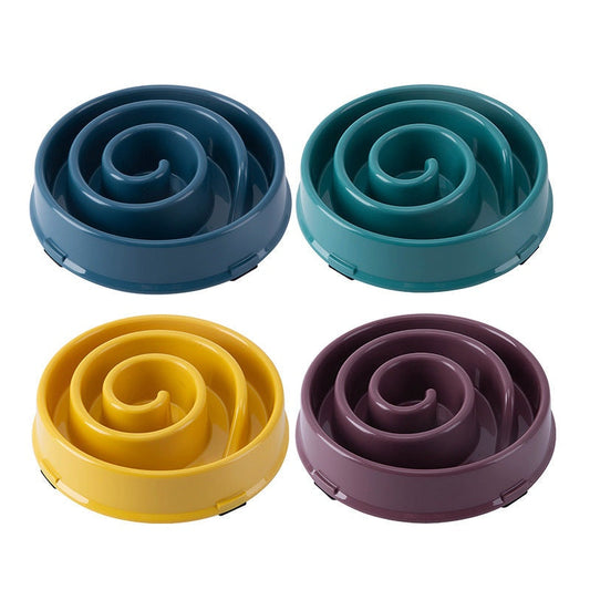 Anti-Choke Slow Feeder Bowl in durable plastic, shown in navy, teal, yellow and plum with raised spiral ridges.
