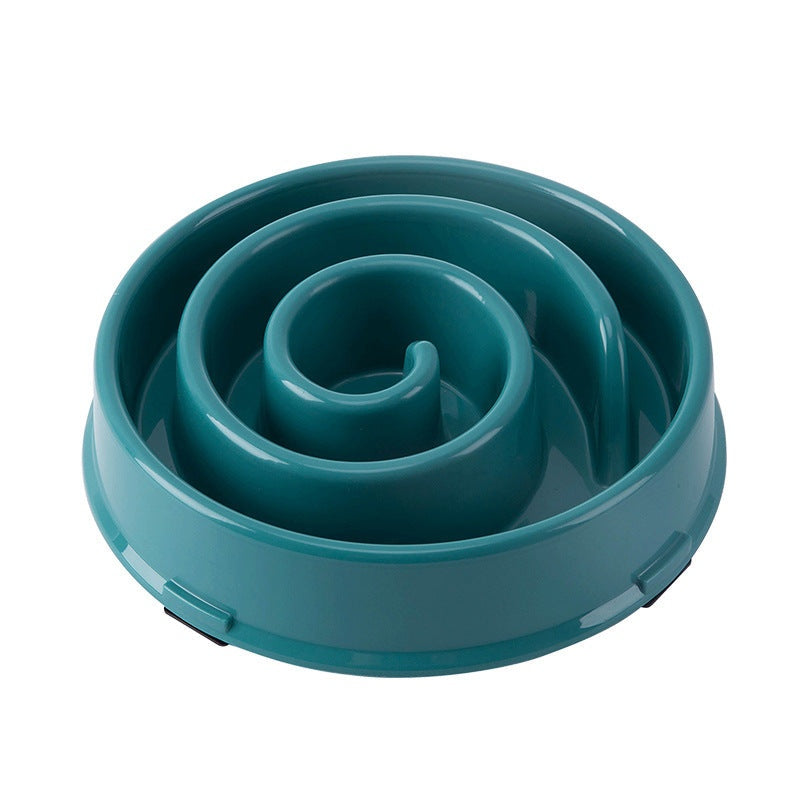 Anti-Choke Slow Feeder Bowl in teal plastic, featuring raised spiral ridges and a wide, rounded shape to slow eating.