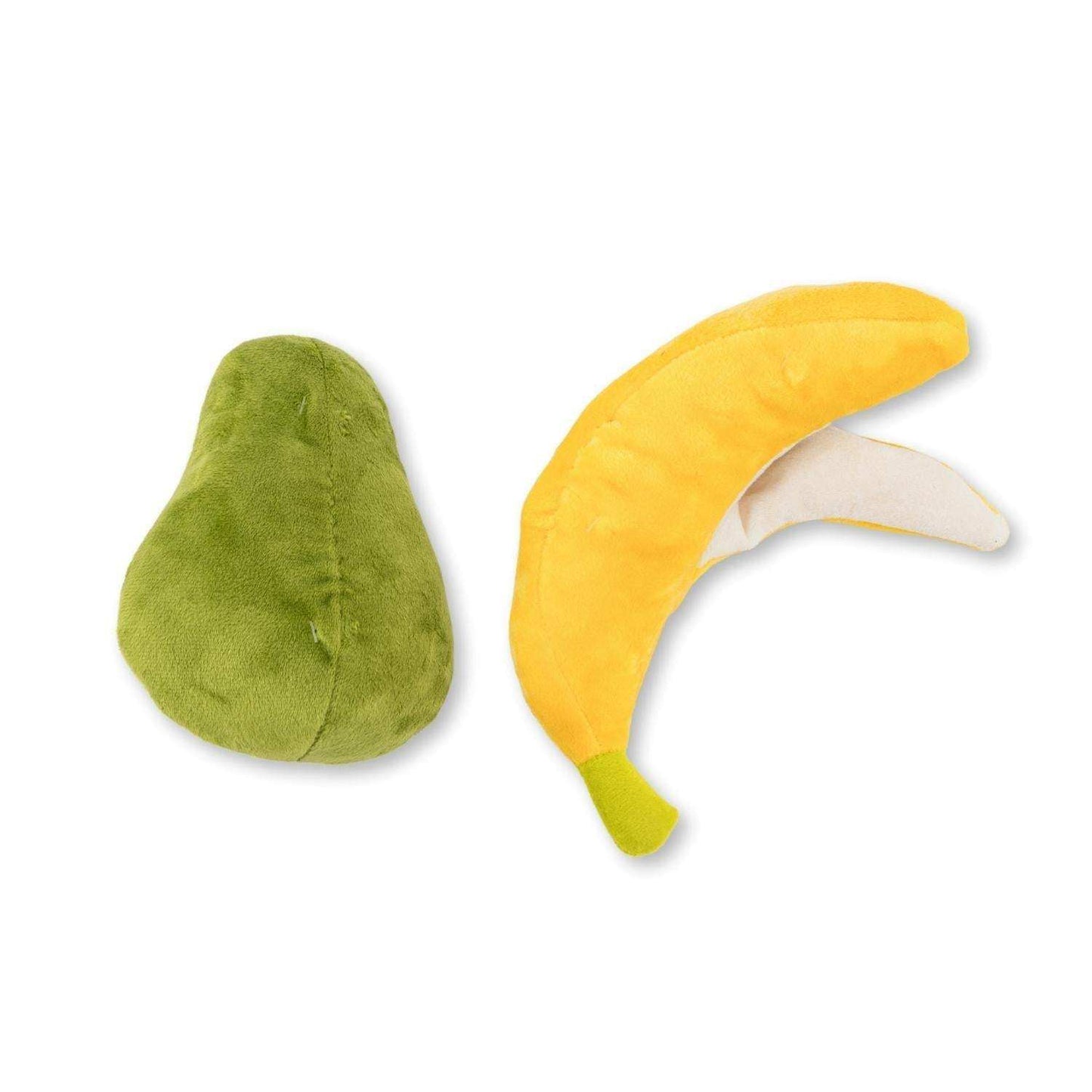 Avocado and banana plush dog toy gift set with squeakers and crinkle paper