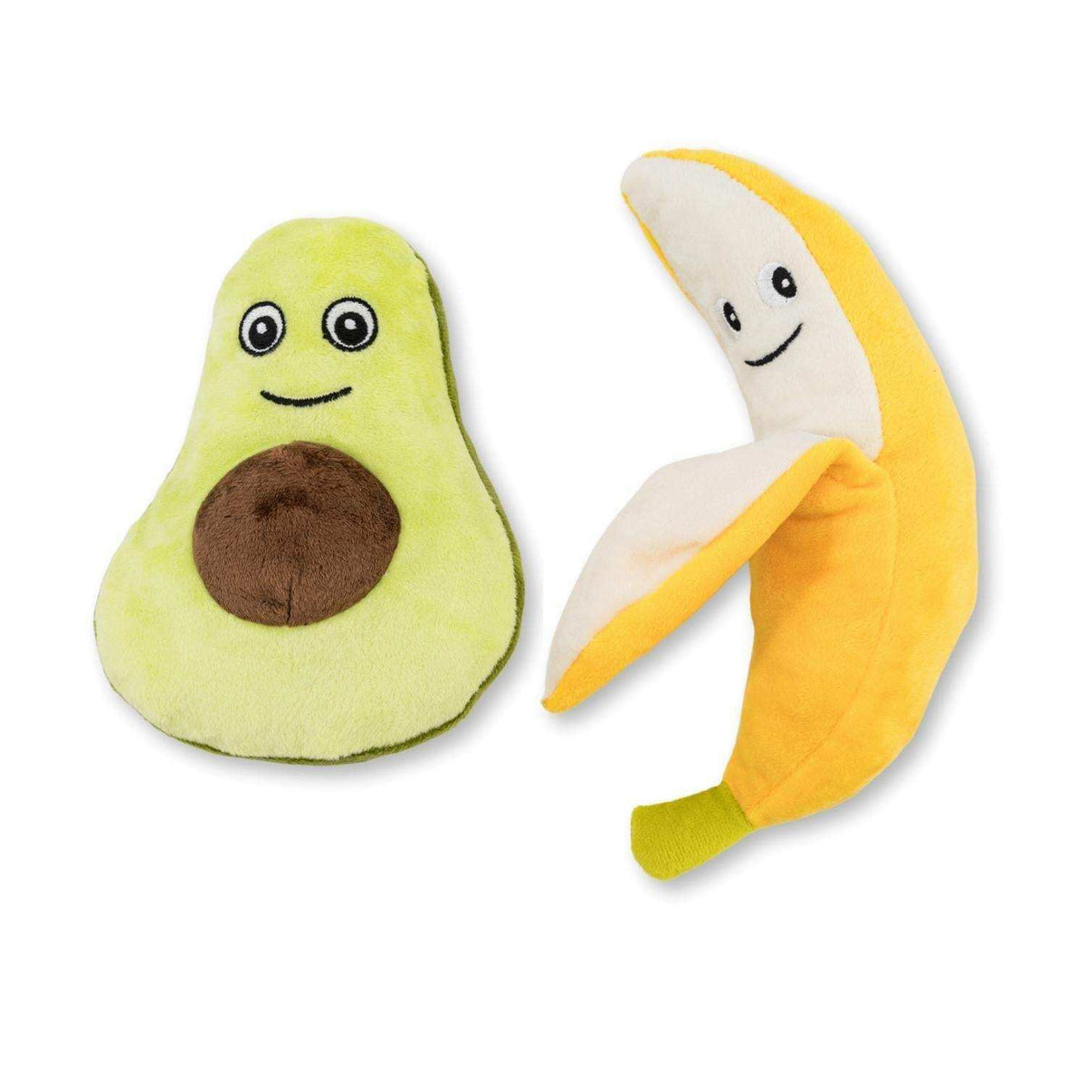 Avocado and banana plush dog toy set with squeaker and crinkle paper