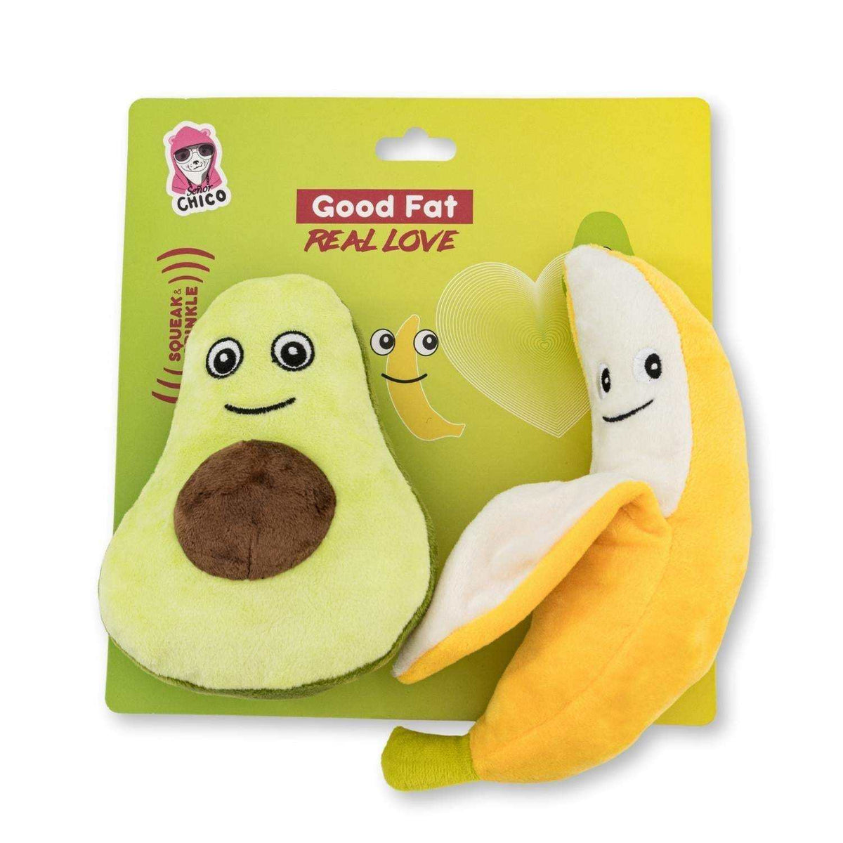 avocado and banana plush dog toy set with squeaker and crinkle paper