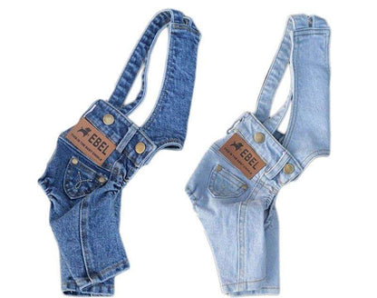 Denim jumpsuits for small dogs in light and dark blue shades with adjustable straps and pockets