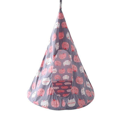 Conical pet hammock with pink cat print, linen fabric, for kittens and small dogs, breathable and portable hanging nest