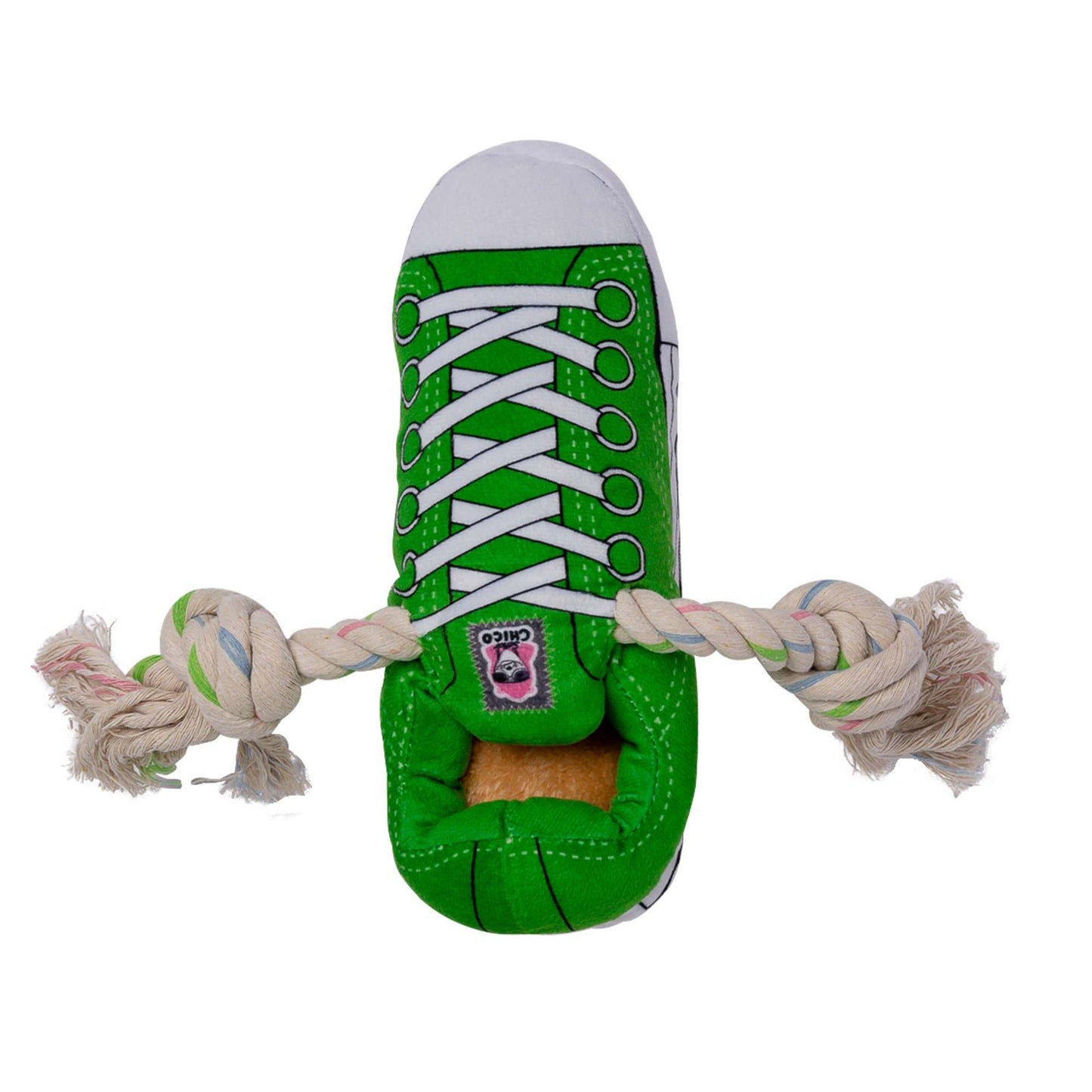 Green plush sneaker dog toy with squeaker, rope for tugging, and hidden treat compartment