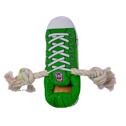 Green plush sneaker dog toy with squeaker, rope for tugging, and hidden treat compartment