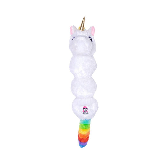 Colorful unicorn plush dog toy with squeaker, crinkle paper, and rainbow tail for engaging pet play