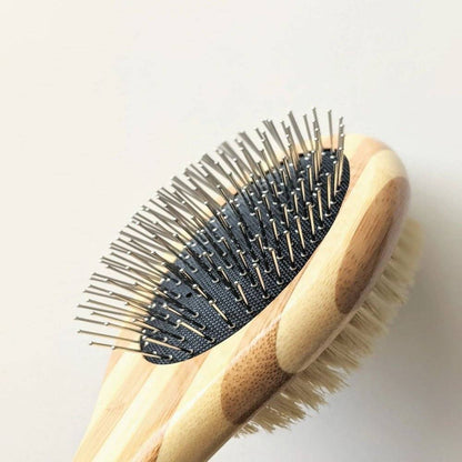 Two-sided pet brush with bamboo handle, bristle and wire sides for shedding and detangling pets