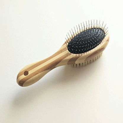 Bamboo two-sided pet brush with bristle and wire sides for shedding and detangling