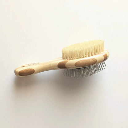 Bamboo two-sided pet brush with bristle and wire for shedding and detangling