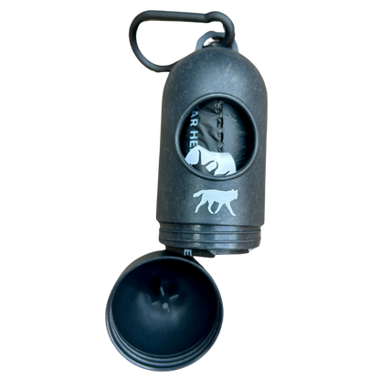 Black bamboo fiber 💥 compostable plant-based dog poop bag dispenser with carabiner clip and roll of bags inside