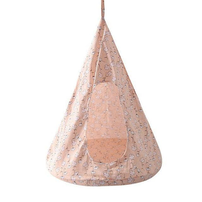 Portable conical pet hammock with floral print for kittens, cats, puppies, and small dogs, made of soft linen fabric with sponge cushioning.