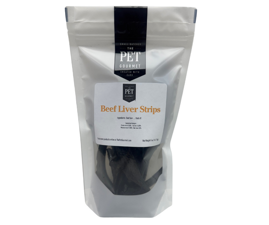 Beef Liver Jerky Strips in a resealable white pouch with clear window and black and orange lettering for pet treats