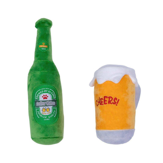 Beers-Cheers plush dog toy set with beer mug and bottle featuring squeakers and crinkle paper