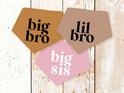 Set of three adjustable dog bandanas with "big bro," "lil bro," and "big sis" text in various colors on cotton fabric