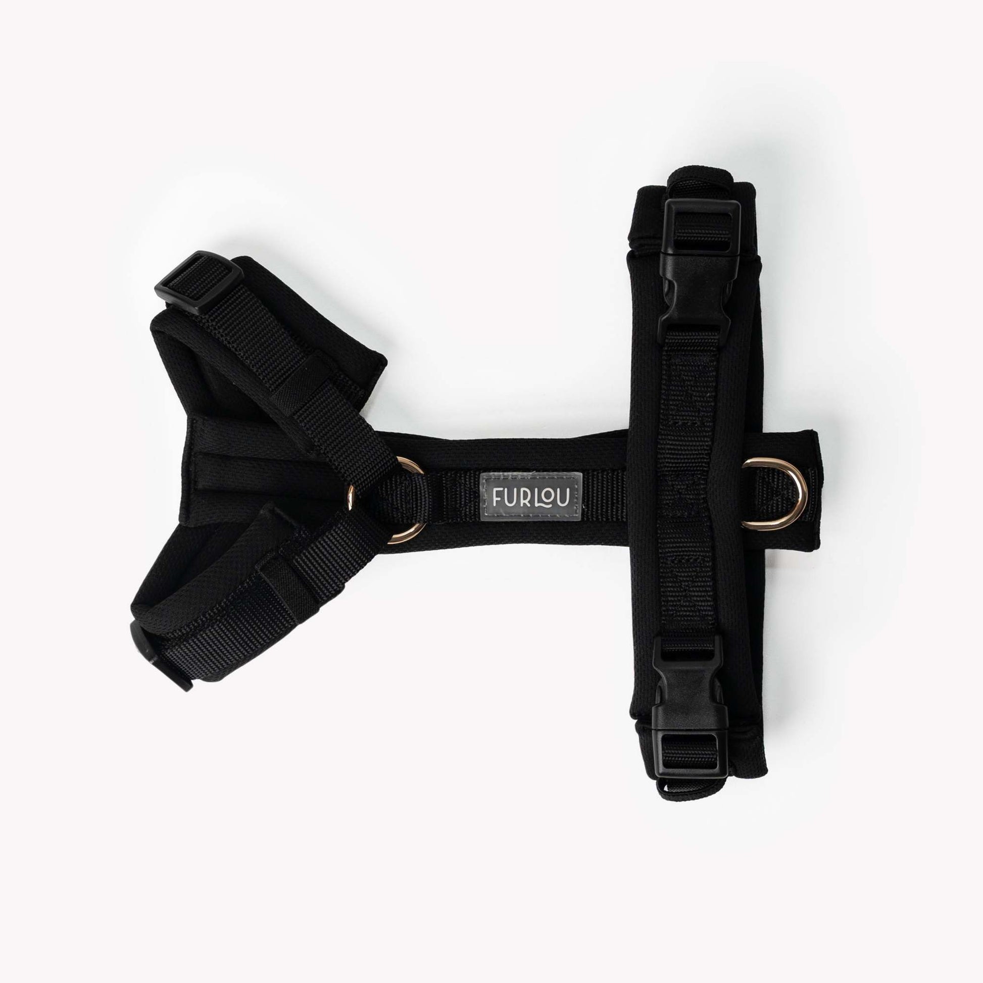 Black padded adjustable comfort dog harness with gold hardware