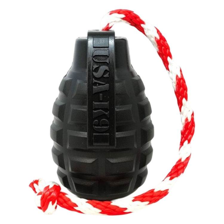 USA-K9 Magnum Grenade black durable rubber dog chew toy with red and white rope tug handle