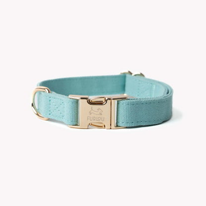 blue canvas dog collar with gold hardware for comfort and style