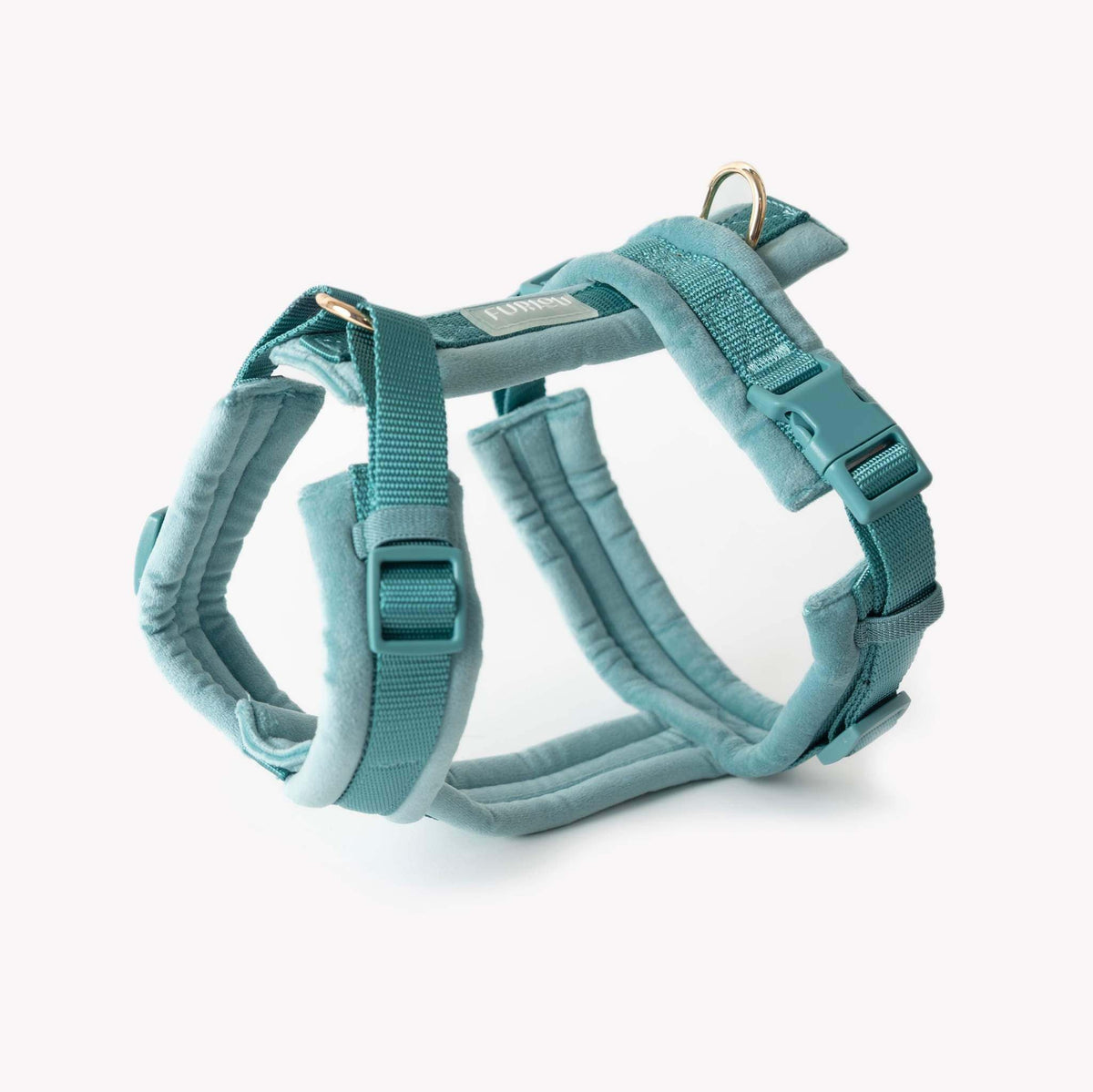 FURLOU blue velvet dog harness with gold hardware