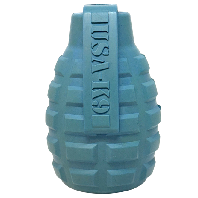 Blue grenade shaped eDispenser durable dog chew toy and treat dispenser