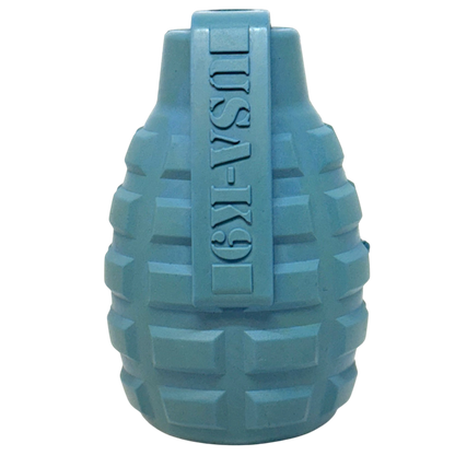 Blue grenade shaped eDispenser durable dog chew toy and treat dispenser