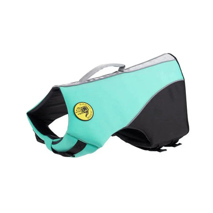 Body Glove Neoprene Pet Life Jacket in teal and black with reflective trim and grab handle