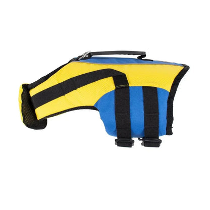 Body Glove Ripstop Pet Life Jacket in yellow and blue with adjustable straps and top handle for pet water safety
