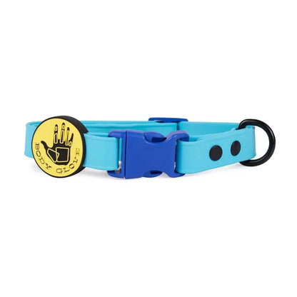 Body Glove waterproof Biothane dog collar in blue with adjustable buckle and rubber logo slider