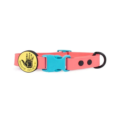 Body Glove waterproof Biothane dog collar in pink with blue buckle and yellow logo slider