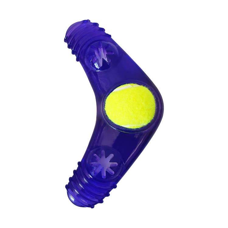 Purple TPR boomerang dog chew toy with removable yellow squeaker tennis ball and textured surface
