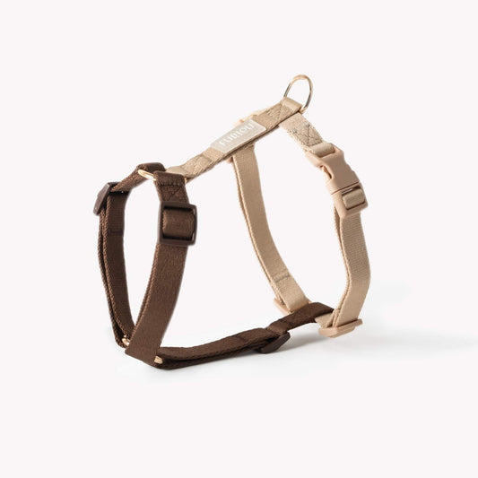 Adjustable brown and tan dog harness with gold hardware